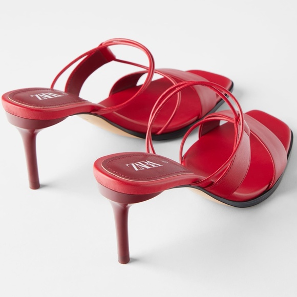 ZARA RED 100% LEATHER HEELED STRAPPY SANDALS - Picture 1 of 11